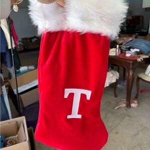Red velvet Holiday Stocking with letter T White Fur Trim
